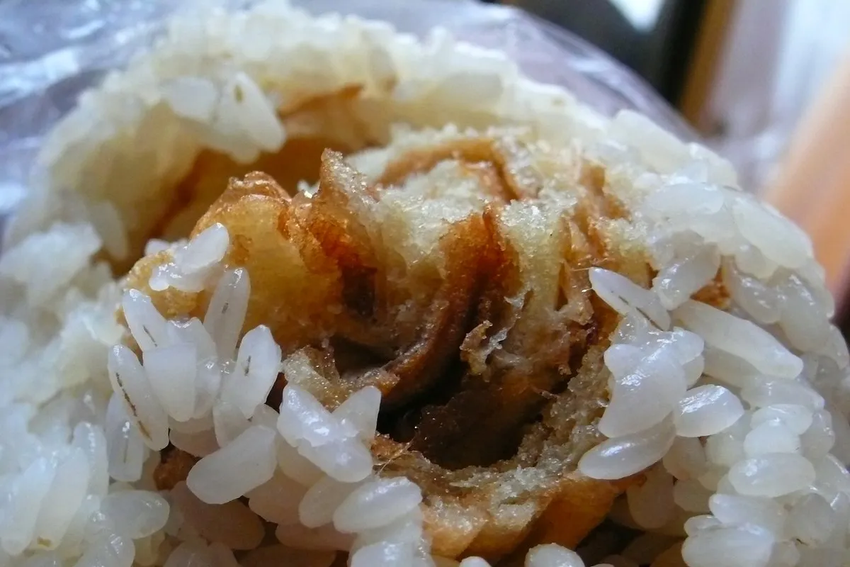 A cut-open sticky rice ball: white glutinous rice around a golden youtiao strip and dark pork floss